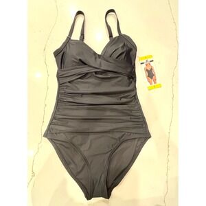 NWT size small DKNY One Piece Swimsuit Women Black Ruched V-Neck Tummy Control